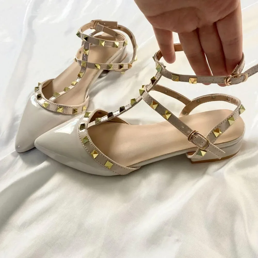 NWOB Blush Pink Nude Patent Gold Studded Pointy Ballet Flats US 6